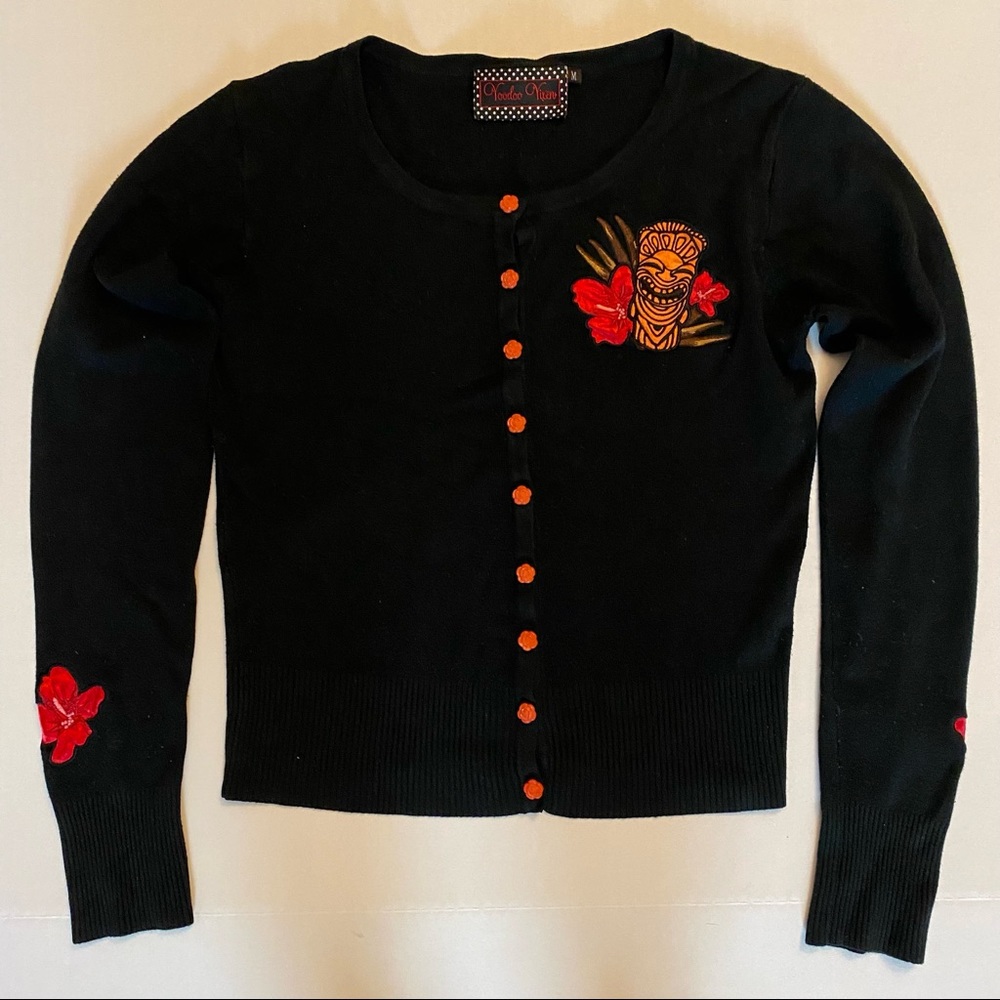 Voodoo Vixens Cardigan Sweater Womens M, Retro, Rockabilly, Tiki Floral.